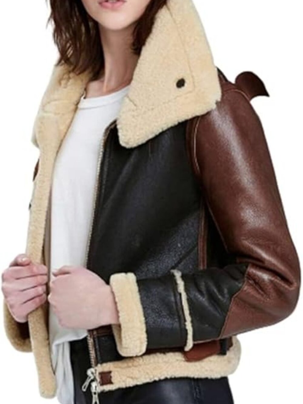 Women Sheepskin B3 Flight Aviator Fur Shearling Short Bomber Jacket
